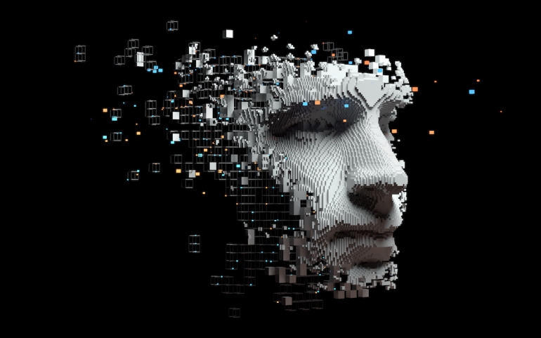 Abstract digital human face. Artificial intelligence concept of big data or cyber security. 3D illustration