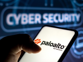 A phone with the Palo Alto Networks logo above a screen that says cyber security.