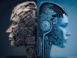 Two AI robots are facing opposite directions, the one on the left is in a shade of gray, and the other is in a shade of blue.