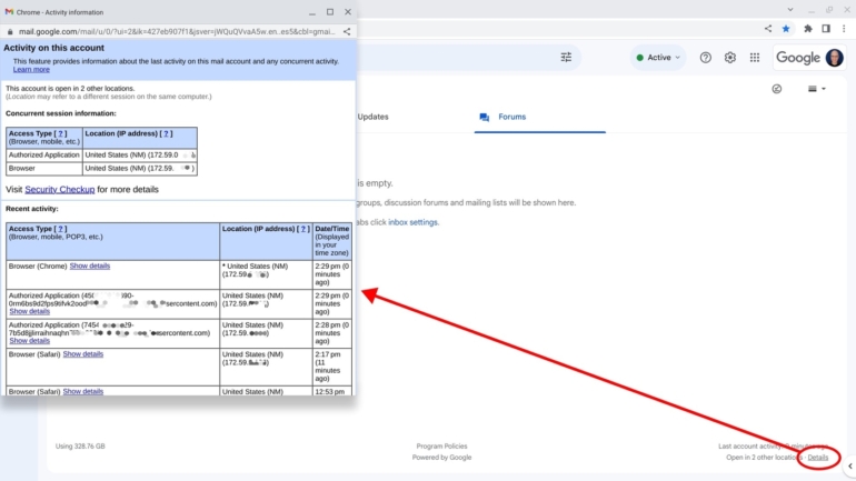 Select Details in the lower-right area below displayed emails, below Last Account Activity.