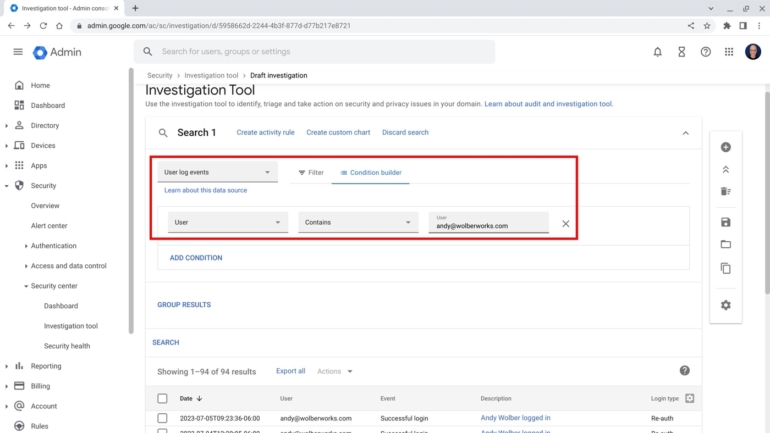 An admin filtering by user log events and your account email address.